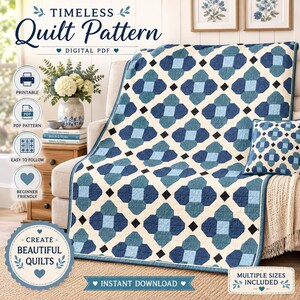 Molde em PDF para colcha Blue Lattice, colcha geométrica em patchwork, colcha para cama de nível intermediário, download digital de colcha moderna com estampa de azulejos, 60 x 76