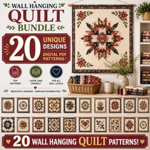 May include: A digital bundle of 20 wall hanging quilt patterns featuring floral and geometric star designs in cream, red, navy, and green. The set includes PDF instructions for various skill levels, displayed with a sample quilt and fabric.