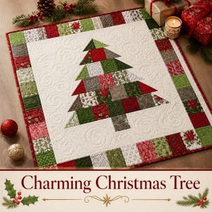 May include: A square quilted table topper featuring a central patchwork Christmas tree made of red, green, and white fabric squares. The background is off-white with swirl quilting, surrounded by a border of alternating red and green patterned squares.