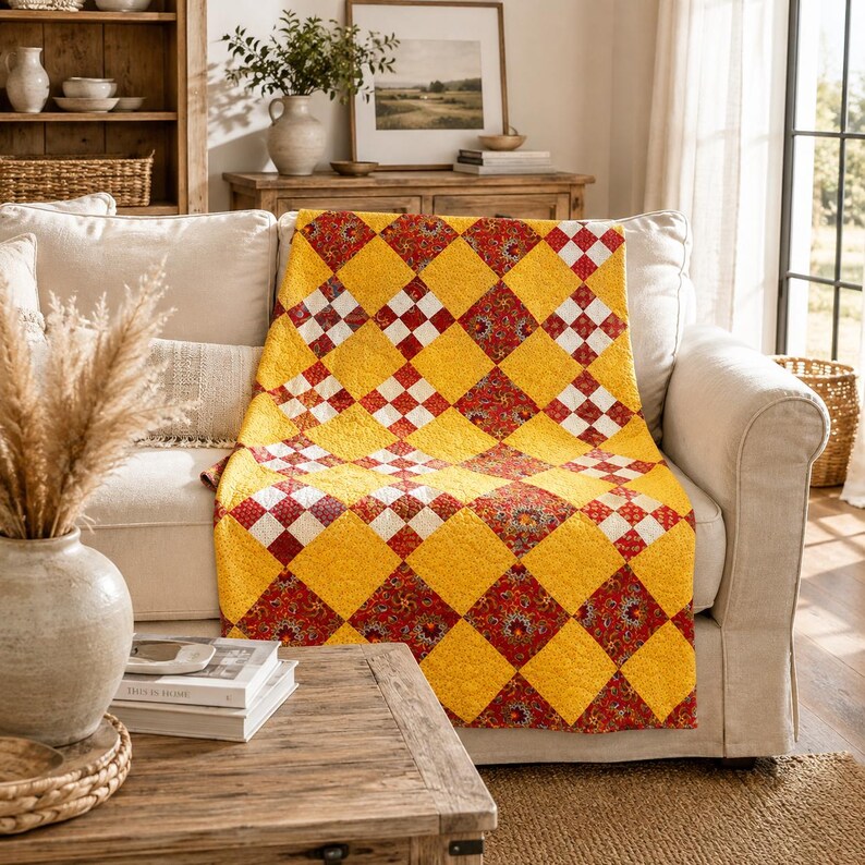 Pode incluir: Uma colcha com um padr&atilde;o repetitivo de diamantes em amarelo vibrante e uma estampa floral multicolorida sobre um fundo vermelho, intercalada com pequenos quadrados xadrez brancos e vermelhos, drapeada sobre um sof&aacute; estofado claro.