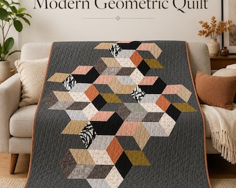 3D Cube Quilt Pattern PDF, Dimensional Geometric Quilt, Optical Illusion Triangle Design, Fat Quarter Quilt