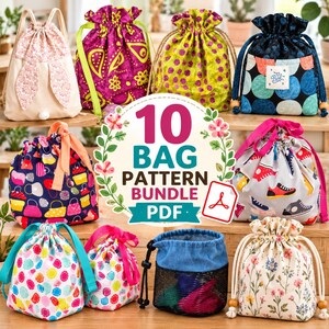 Pacchetto di 10 modelli PDF per cucire borse, modelli per borse con coulisse, sacchetti regalo in tessuto, progetti di cucito per borse a tracolla e pochette.