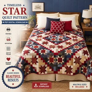 Sawtooth Star Quilt Pattern PDF, Log Cabin Bed Quilt, Red Blue Scrappy Patchwork Quilt, Queen King Digital Download