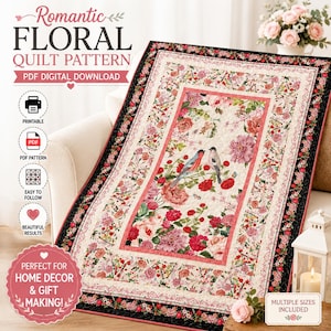 Padrão de colcha com painel floral e pássaros em PDF, colcha com borda de rosas românticas, nível iniciante avançado, download digital de 46 x 66 polegadas.