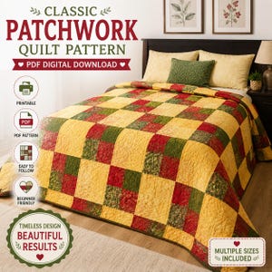 Patrón de colcha de cuatro parches en PDF, colcha de cama con tiras, colcha de patchwork roja, verde y amarilla, descarga digital de cuartos de tela.