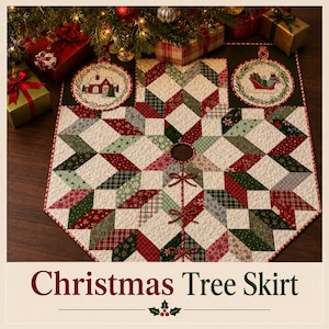 May include: A quilted Christmas tree skirt featuring a patchwork star pattern in red, green, and white fabrics. The design includes two circular appliqués depicting a house and a sleigh, with three fabric ties along the centre slit opening.