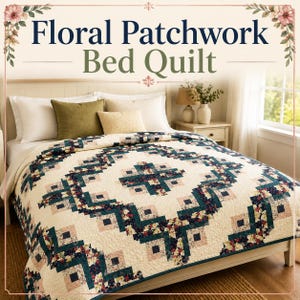 May include: A bed quilt featuring a patchwork design with cream, dark teal, and floral patterned fabric squares arranged in a geometric pattern. The text "Floral Patchwork Bed Quilt" is displayed at the top of the image in dark blue and green.