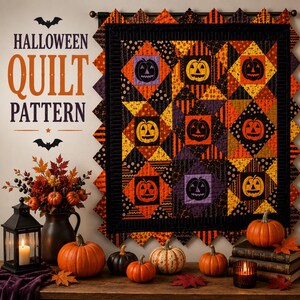 Halloween Pumpkin Quilt Pattern PDF, Jack O Lantern Wall Quilt, Prairie Point Mini Quilt, Fall Patchwork Digital Download