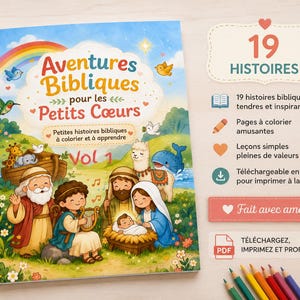 May include: A spiral-bound book titled Aventures Bibliques pour les Petits Cœurs Vol 1, featuring colorful illustrations of biblical figures, animals, and a rainbow. The cover includes text, and the side displays a list of 19 stories, coloring pages, and printable PDF information with colored pencils and a small heart.