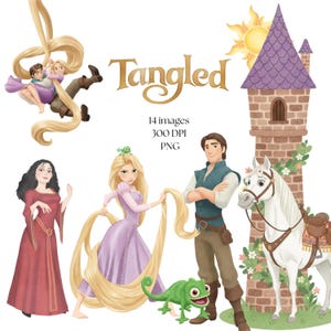 May include: A digital collection of 14 Tangled themed PNG images featuring Rapunzel with long blonde hair, Flynn Rider, Mother Gothel, a white horse, a green chameleon, and a tall brick tower with a purple roof and a golden sun icon.