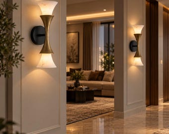 Moderne dubbelzijdige wandlamp, zilverkleurige albasten verlichting, sculpturale zandloper wandlamp, eigentijdse halverlichting