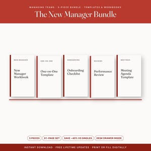 以下が含まれることがあります： 「The New Manager Bundle」と題された5ピースのデジタルバンドル。New Manager Workbook、One-on-One Template、Onboarding Checklist、Performance Review、Meeting Agenda Templateとラベル付けされた白いテンプレートとワークブックが赤い背景に配置されています。