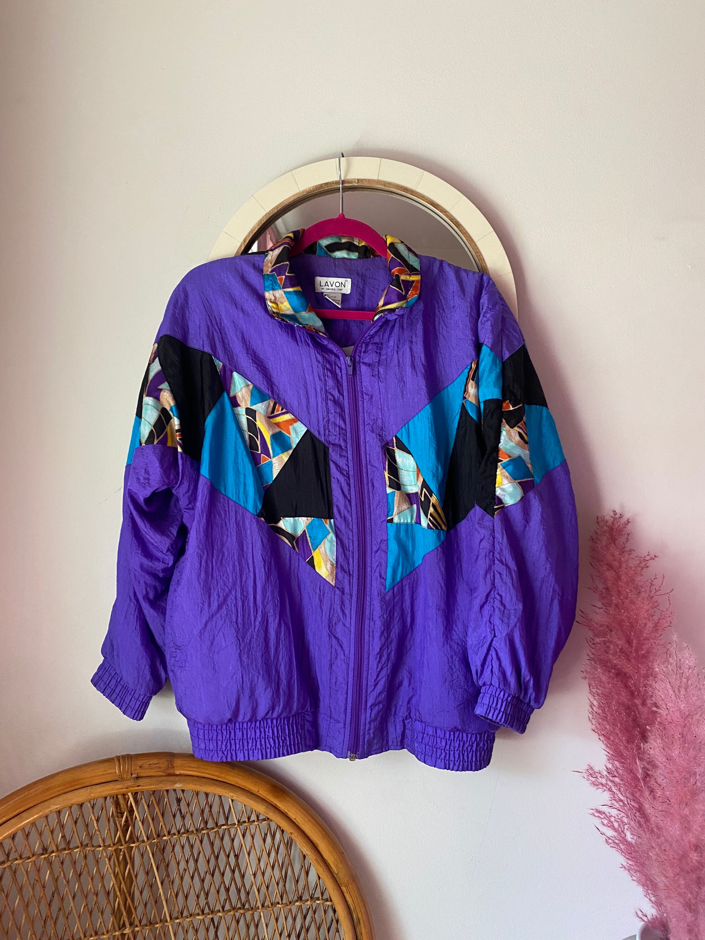 80s 90s Funky Patchwork Print Track Jacket / Bomber / Purple