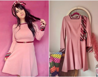 70s Pink Fit and Flare Belted Mini Dress with Oversized Cuffs & Matching Scarf / Jerrell of Texas