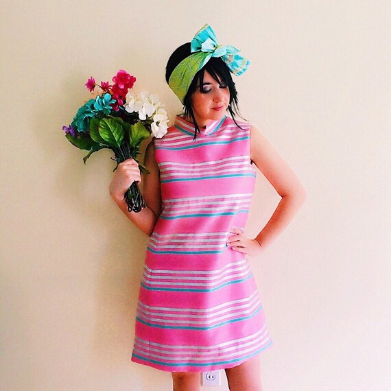 Vintage Bubblegum Pink & Silver Stripe Mod Striped