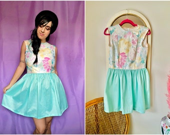 Vintage Mint Green with Pink & Yellow Floral Full Skirted Mini Dress // Pastel Party Dress