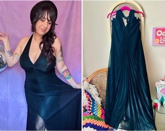 90s does 70s Accordion Pleat Disco Halter Dress / LBD Black Tie Cocktail Dress / Deep V Gown