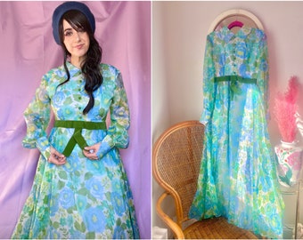 Vintage Watercolor Floral Maxi Dress // Blue & Green Retro Flower Hostess Dress // Hippie Boho Peter Pan Collar Chiffon Dress // 1960s
