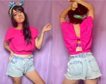 80s Hot Pink Crop Top / Cut Out Open Bow Back  / Cotton