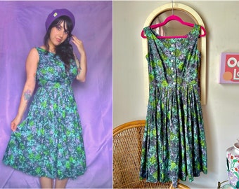 Late 50s / Early 60s Sleeveless Green & Blue Floral Day Dress