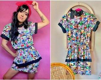 80s Donna Morgan for NSP Rainbow Abstract Boat Seaside Print Cupcake Dress / Peplum Dress