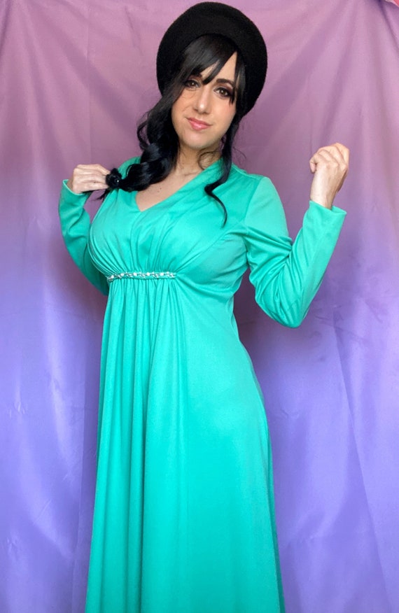 70s Jade Green Empire Waist Maxi Dress - image 2