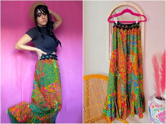 Vintage 60s 70s Rainbow Floral Maxi Skirt / Pom P… - image 1