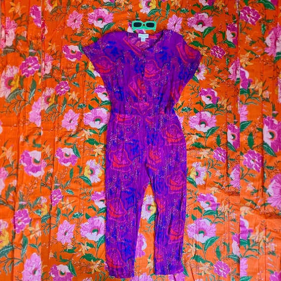 80s 90s Pixilated Rose Print Taper Leg Jumpsuit