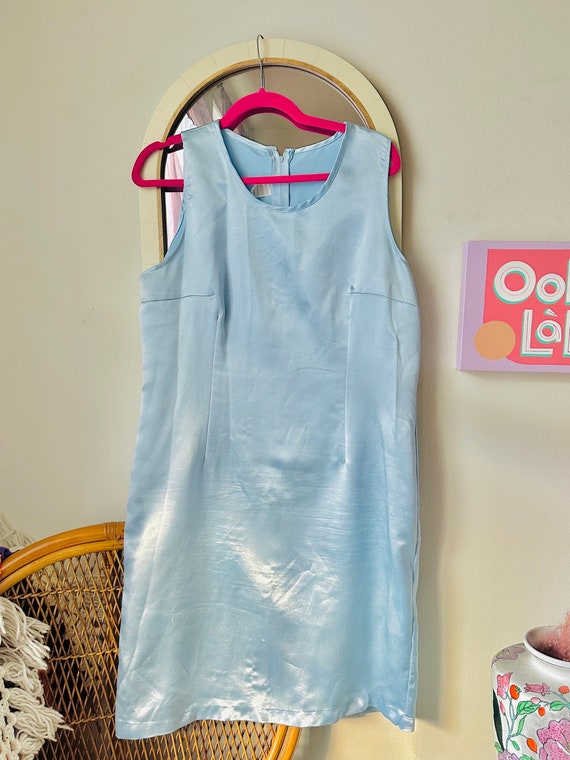 Late 90s / Y2k Ice Blue Satin Shift Dress / 1x - image 3