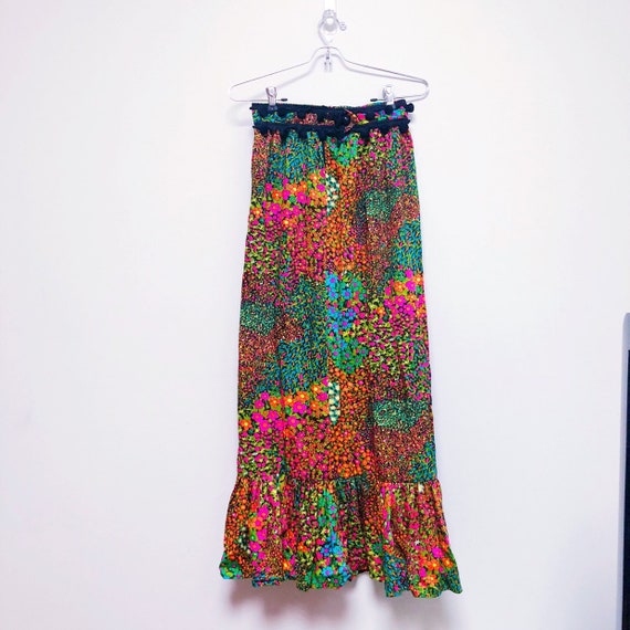 Vintage 60s 70s Rainbow Floral Maxi Skirt / Pom P… - image 5