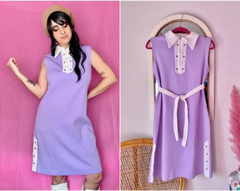 60s 70s Lavender & White Contrast Collar Mini Dress