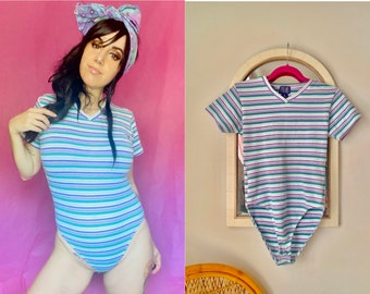 90s Flying Colors Purple & Teal Striped Bodysuit