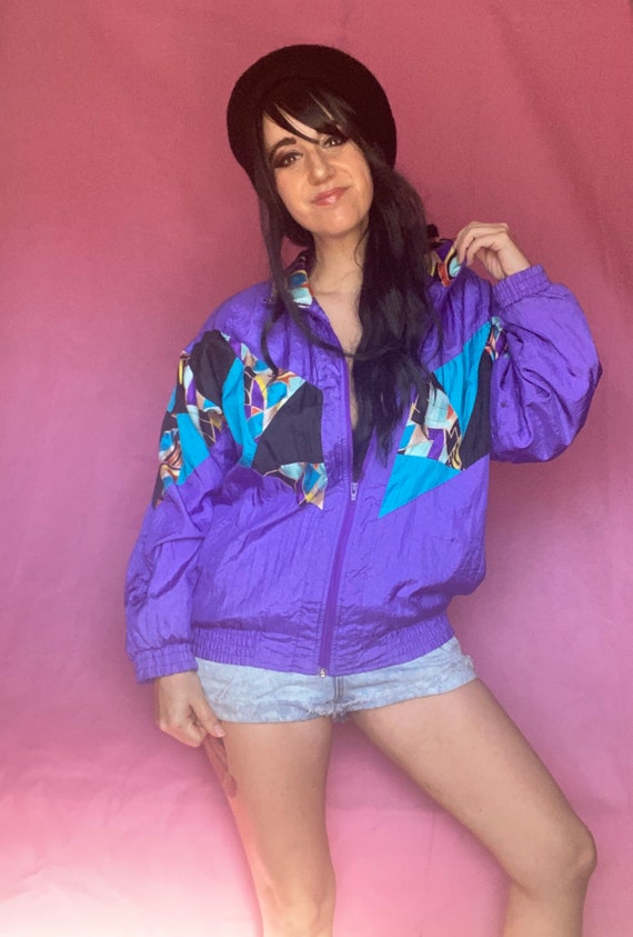 80s 90s Funky Patchwork Print Track Jacket / Bomber / Purple