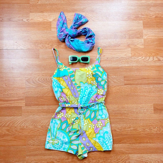 60s Sandcastle Psychedelic Floral Playsuit / Swims