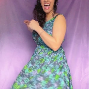 Late 50s / Early 60s Sleeveless Green & Blue Floral Day Dress