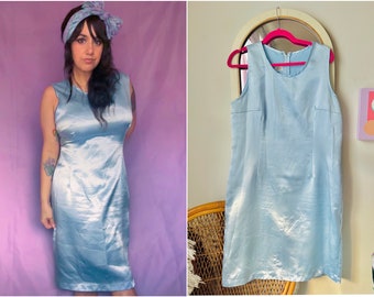 Late 90s / Y2k Ice Blue Satin Shift Dress / 1x