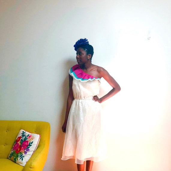 Vintage One Shoulder Ruffle Dress / Formal Dress /