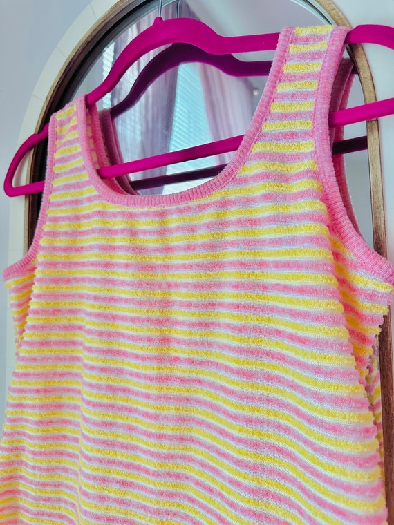 70s Pink & Yellow Terry Striped Rollerwave Tank T… - image 3
