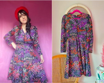 60s 70s Fit & Flare Psychedelic Red and  Purple Floral Black Dress