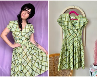 Late 1950s / Early 1960s Lime Green, Olive & Light Blue Plaid Sailor Collar Day Dress