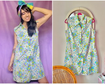 60s Mod Purple, Green, & Blue Floral Print Dagger Collar Romper