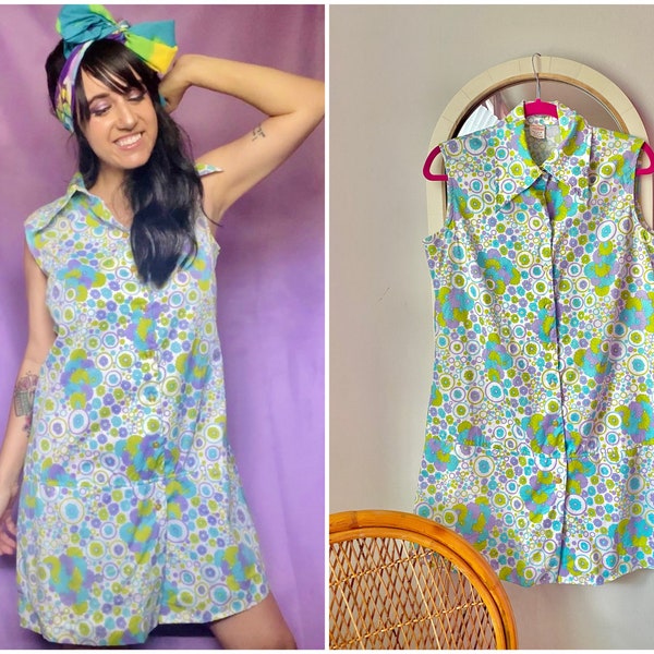 60s Mod Purple, Green, & Blue Floral Print Dagger Collar Romper