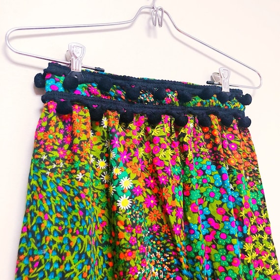 Vintage 60s 70s Rainbow Floral Maxi Skirt / Pom P… - image 3