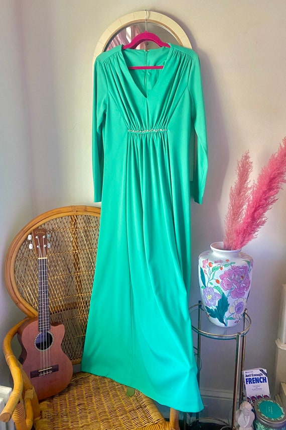 70s Jade Green Empire Waist Maxi Dress - image 3