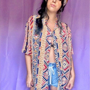 90s Amber Stone Silk Novelty Abstract Blouse