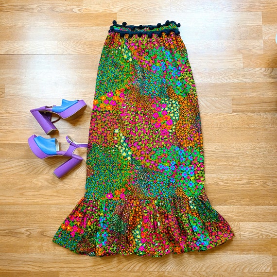 Vintage 60s 70s Rainbow Floral Maxi Skirt / Pom P… - image 2