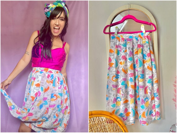 80s 90s Tropical Rainbow Floral A-line Midi Skirt - image 1