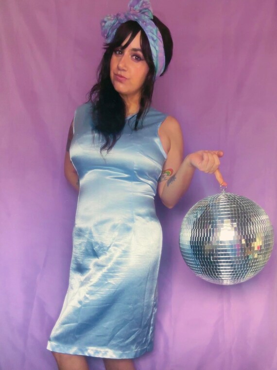 Late 90s / Y2k Ice Blue Satin Shift Dress / 1x - image 2