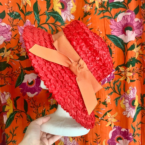 60s Red Large Floppy Hat / Straw Sun Hat with Bow