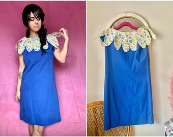 60s Petal Collar Shift / Strawberry, Pear, Floral Collar Dress / Novelty Print / Blue Mod Day Dress